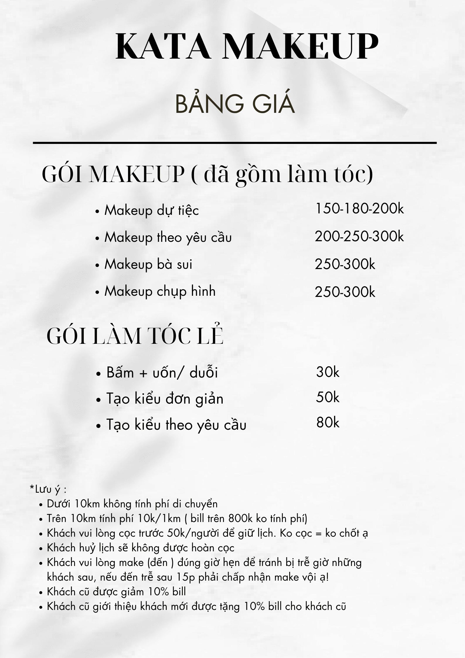 Bảng giá dịch vụ KATA Makeup